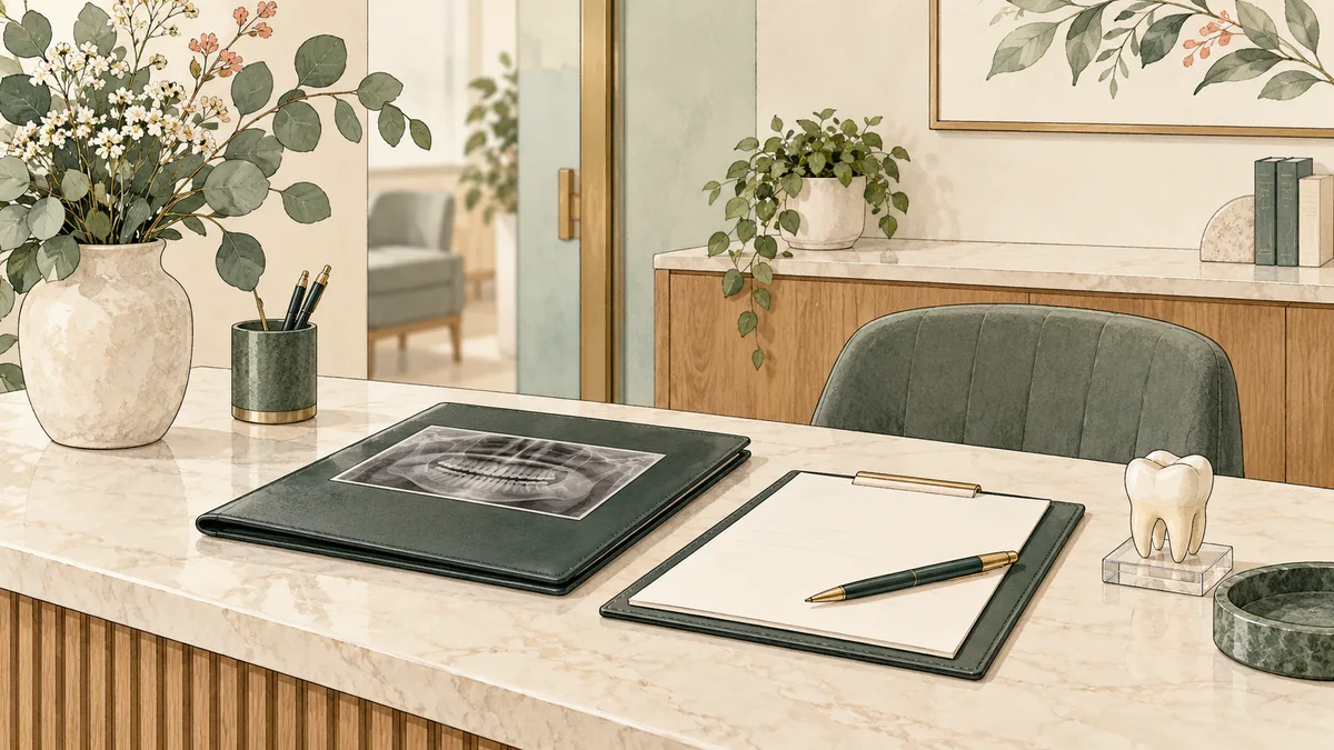 Empty dental reception desk with treatment folder and generic X ray print