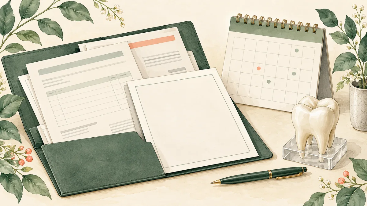 Folder of generic treatment paperwork beside a calendar and tooth model
