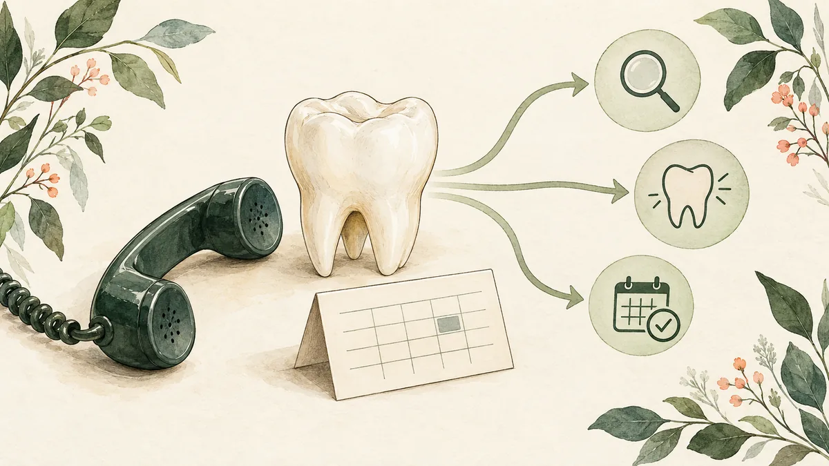 Tooth model, telephone and appointment card with branching route symbols