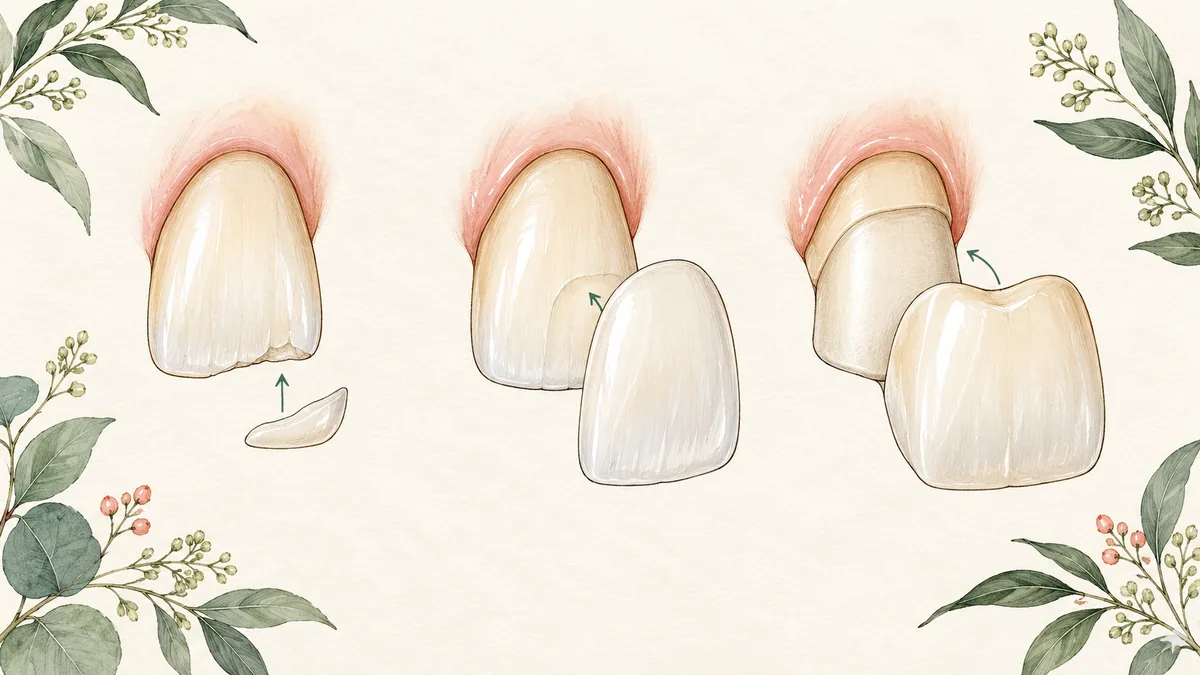 Three tooth models illustrating bonding, a veneer shell and a crown shell
