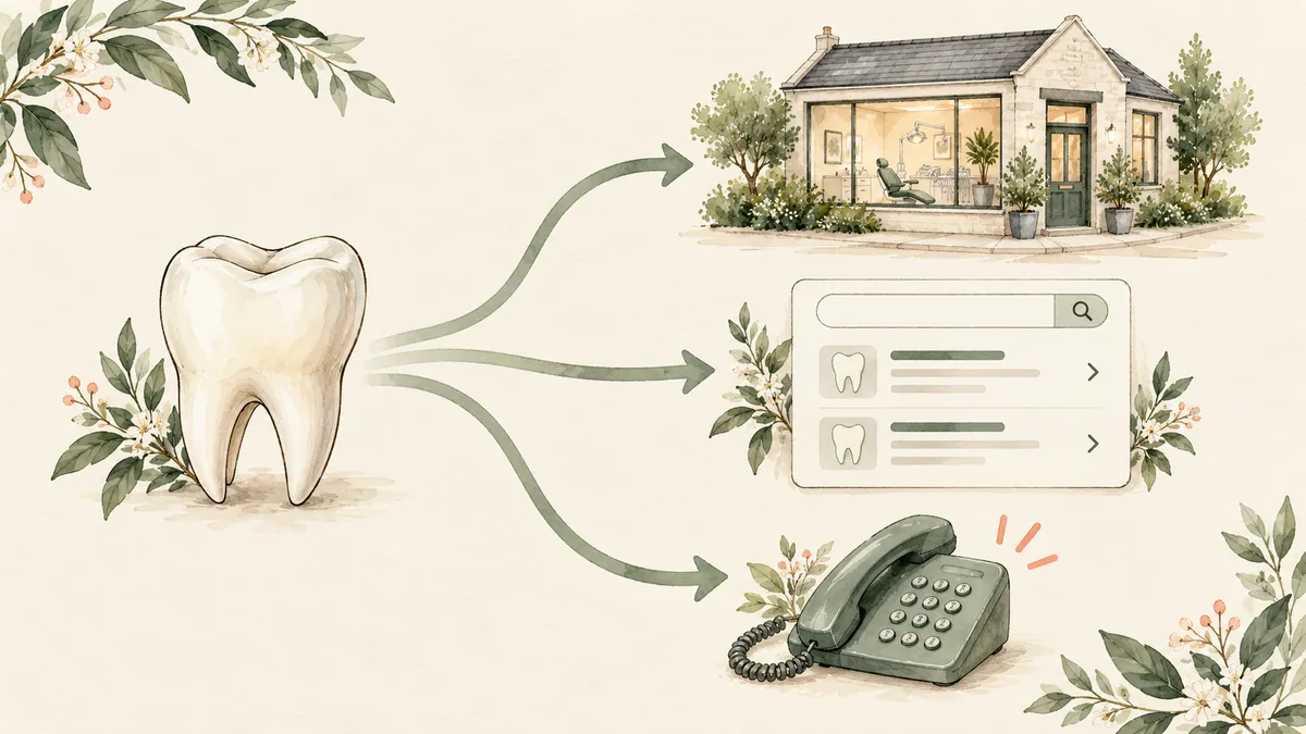 Tooth model with paths to a dental practice, search card and telephone
