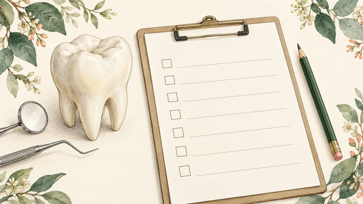 Blank dental consultation checklist beside a tooth model and pencil