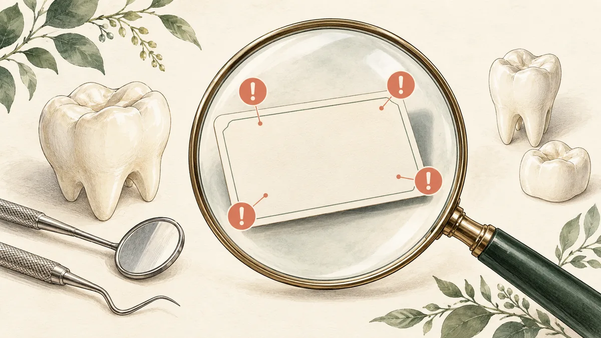 Magnifying glass examining a blank dental offer card with caution markers