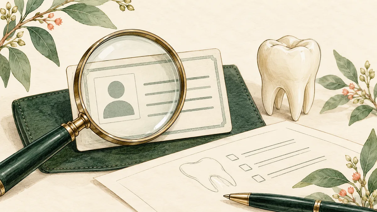 Magnifying glass over a generic professional register card and treatment plan