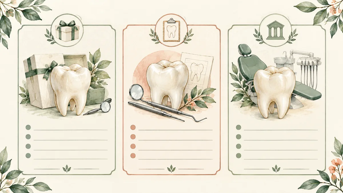 Three illustrated dental payment route cards beside a tooth model