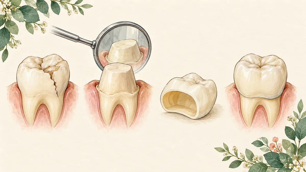 Illustrated sequence of examination and possible crown repair steps