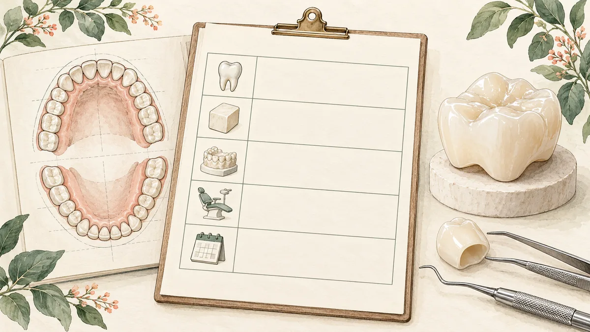 Blank itemised treatment quote beside a tooth chart and crown model