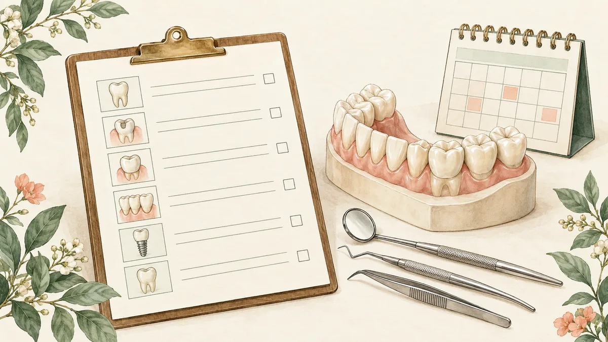 Blank private dental treatment plan beside a tooth model and calendar