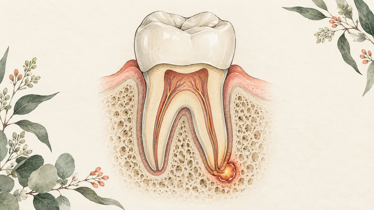 Cross section of a molar showing its roots and a small area of infection