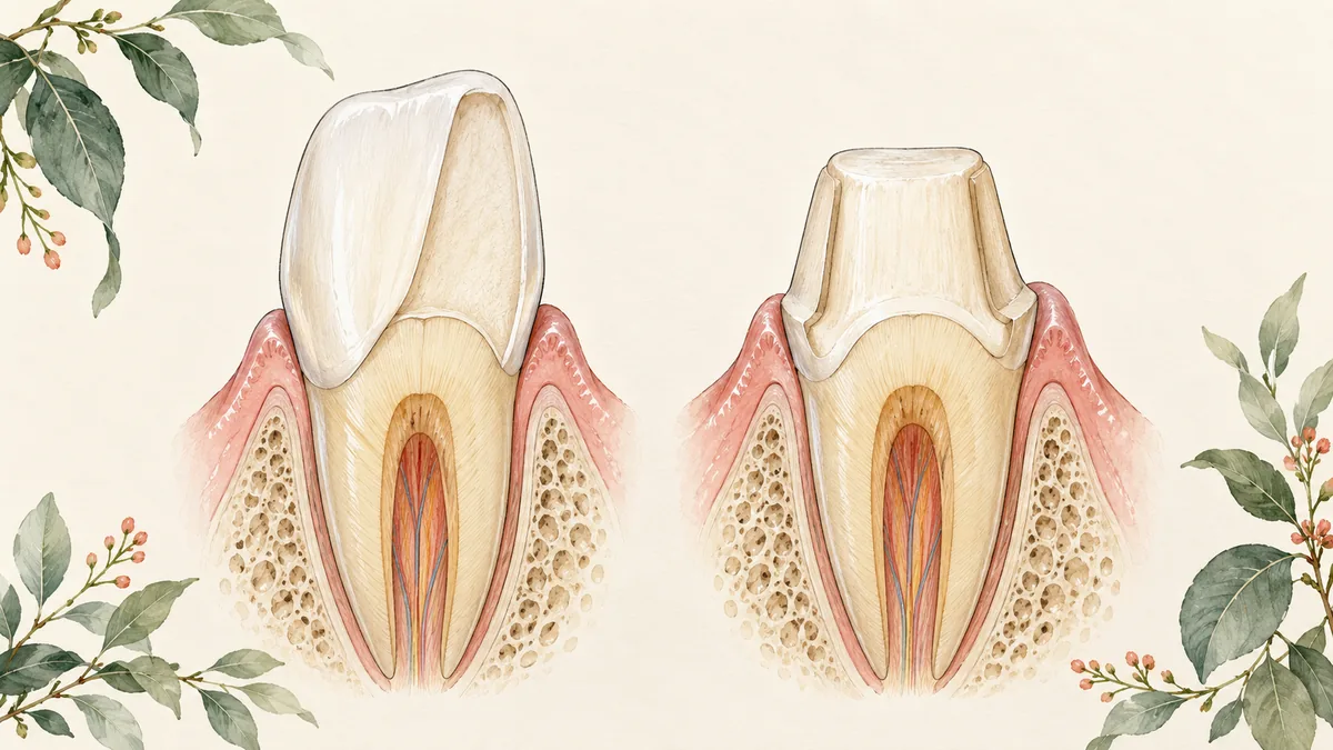 Two tooth models illustrating preparation for a veneer and a crown