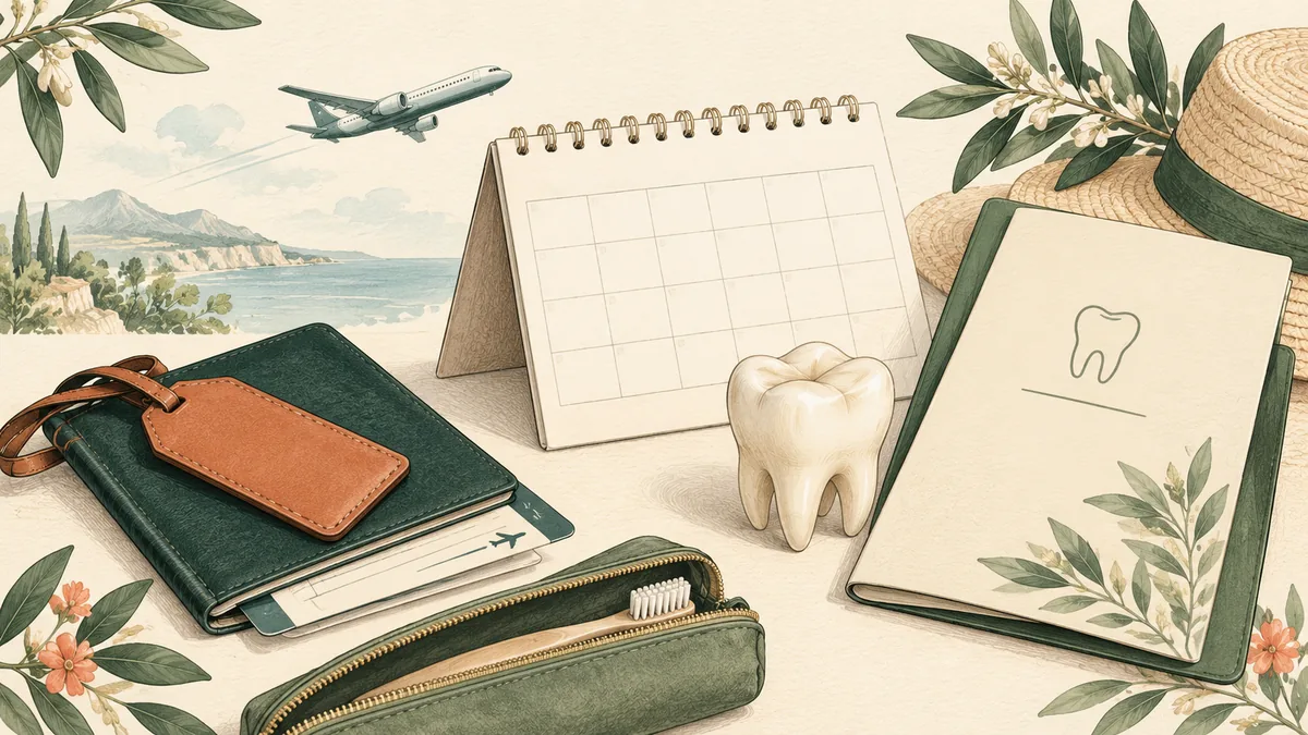 Travel calendar, flight symbol, tooth model and aftercare folder