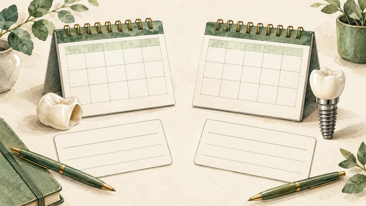 Two blank treatment calendars beside crown and implant models