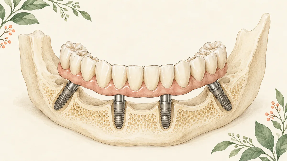 Illustration of a full arch bridge on four dental implants in a jaw model