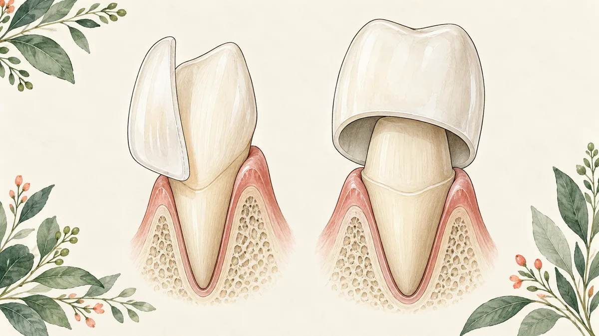 Illustration comparing a thin front veneer shell with a full coverage crown shell