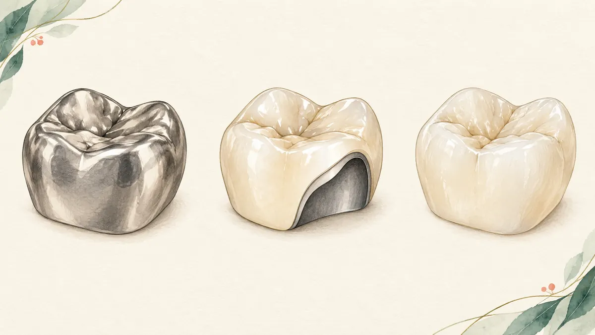 Three dental crown constructions: metal, ceramic over metal, and all ceramic