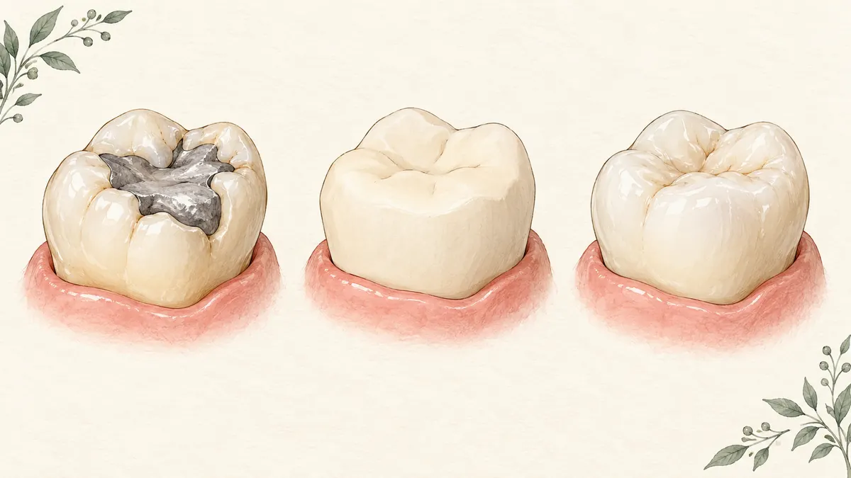 Three illustrated stages showing a large filling, temporary crown, and final crown