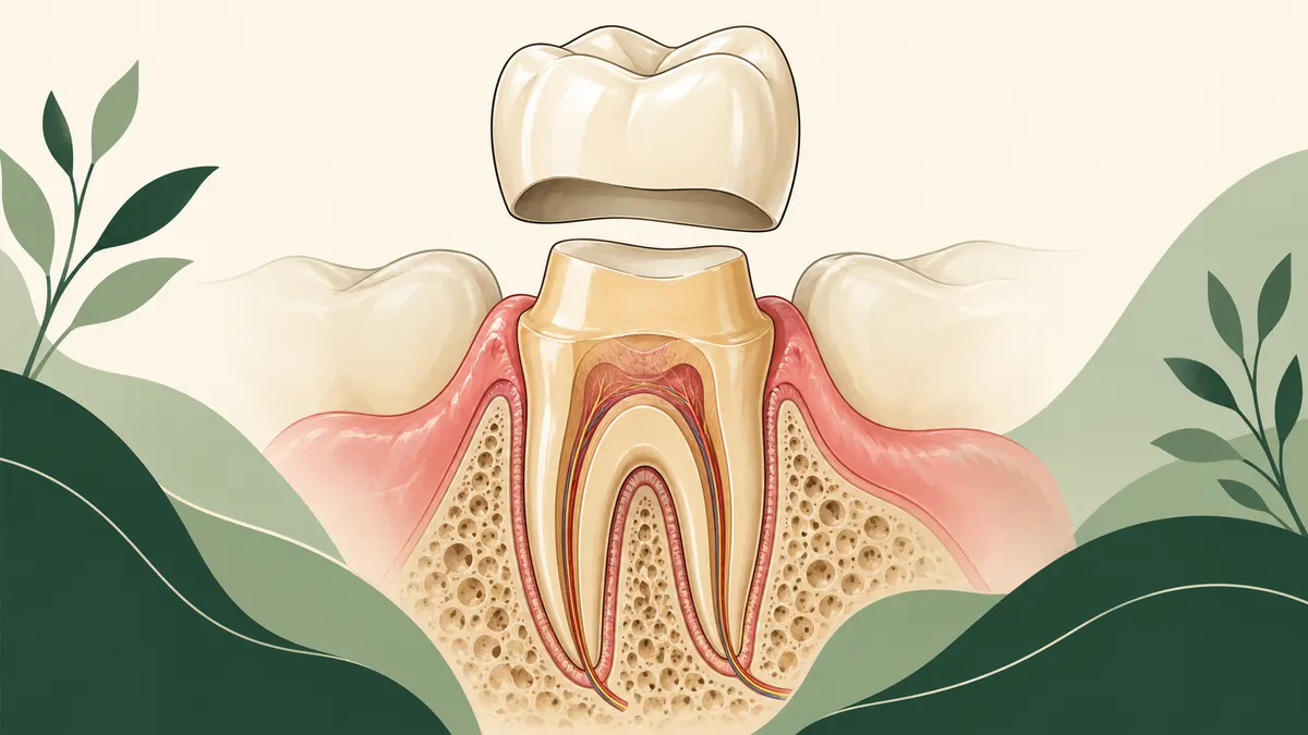 Dental crown positioned above a prepared molar in an educational cutaway illustration