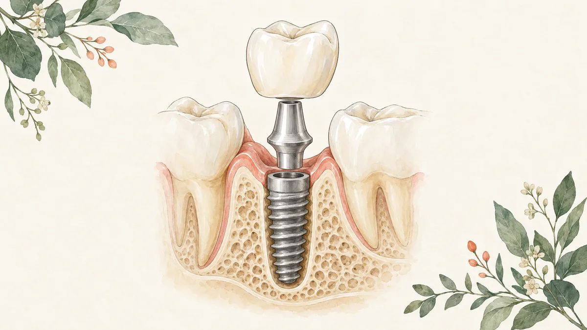 Cutaway illustration of an implant post in jaw bone with an abutment and crown
