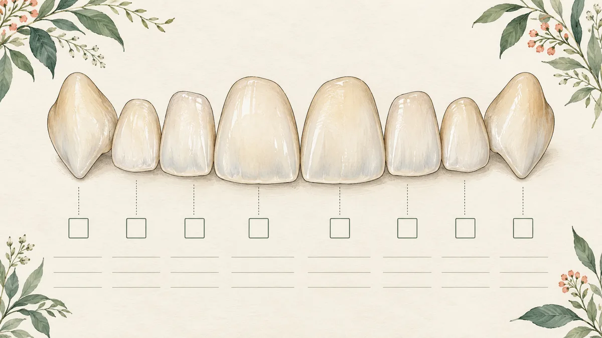 Illustration of individual front tooth models above a tooth by tooth planning sheet