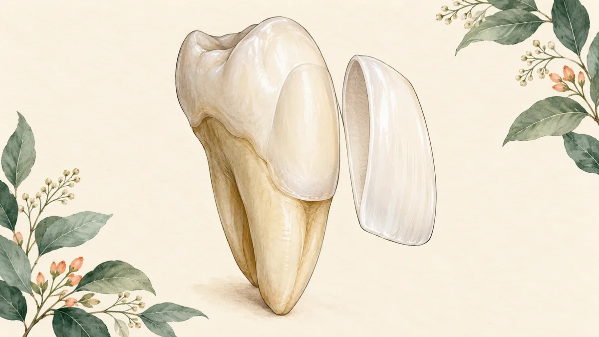 Illustration of a thin veneer shell beside the front surface of a tooth model