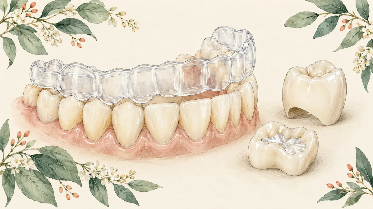 Illustration of a whitening tray with tooth models, a crown and a filling sample