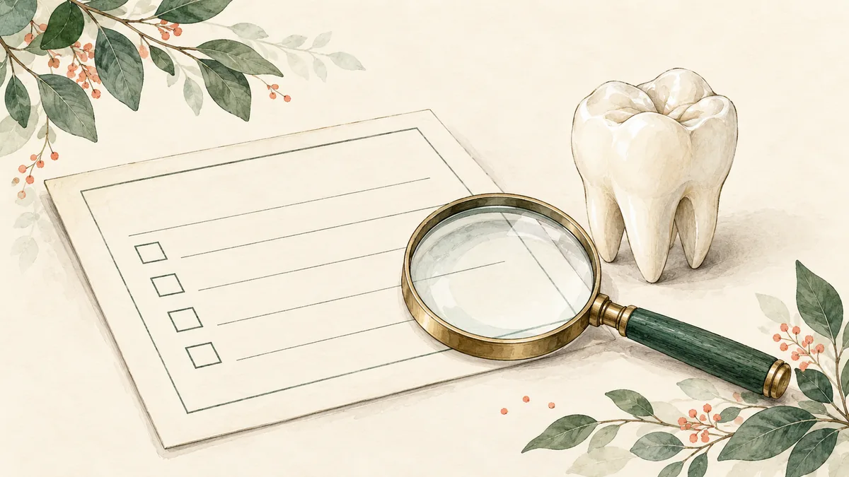 Tooth model beside a blank treatment checklist and magnifying glass
