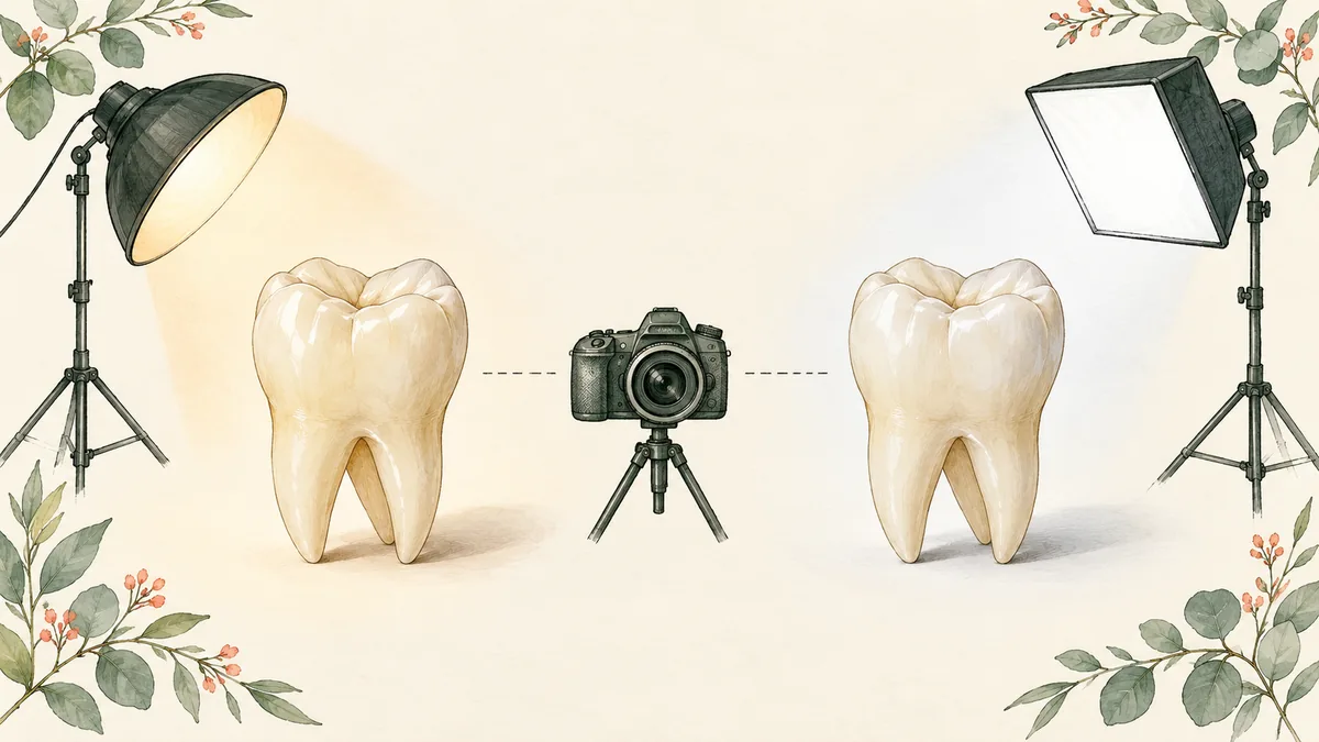 Two identical tooth models shown under different lighting with a camera symbol