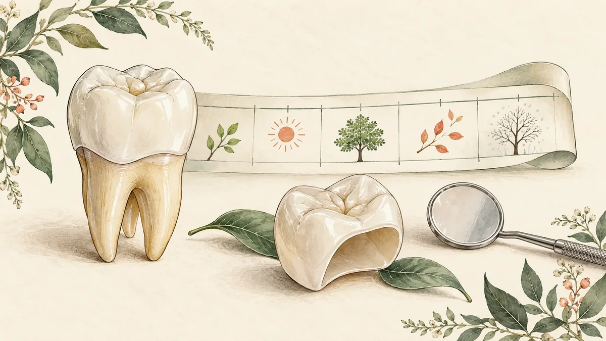 Crowned tooth model with a calendar ribbon and a replacement crown shell