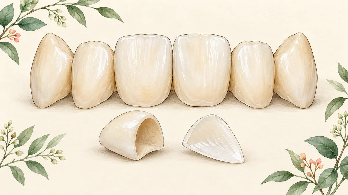 Illustration of front tooth models with separate veneer and crown shells