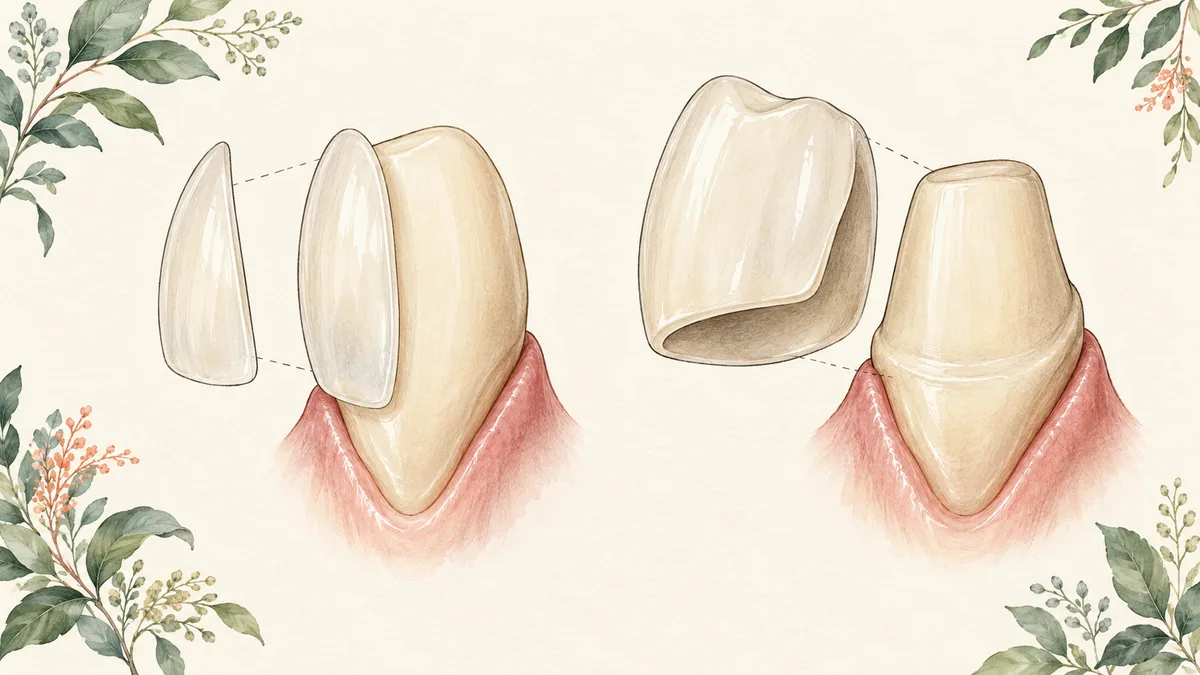 Illustration comparing a veneer shell with a full coverage crown shell
